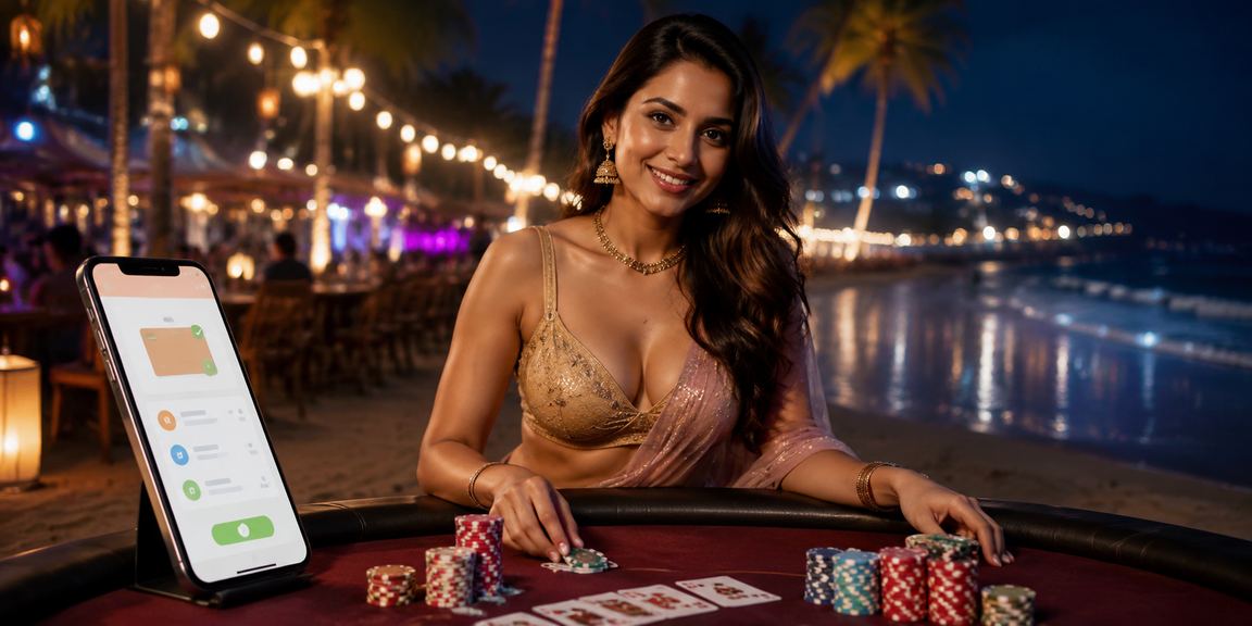Relaxing view of India beach with rummy card game theme